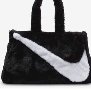 Black Faux Fur Tote Bag with White Swoosh Accent